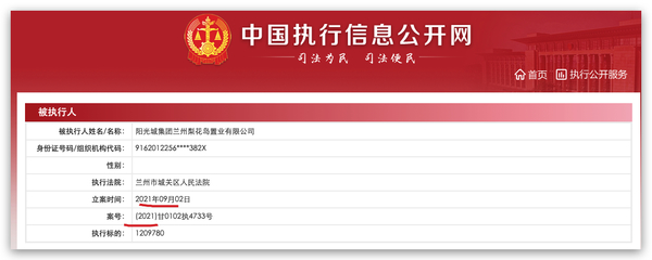 陽光城集團蘭州梨花島置業(yè)被列為被執(zhí)行人，執(zhí)行標的約121萬元
